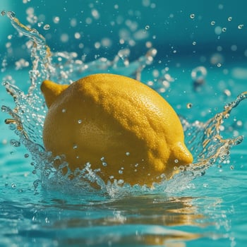 A large lemon fruit falls into the water, creating a spectacular splash. photo