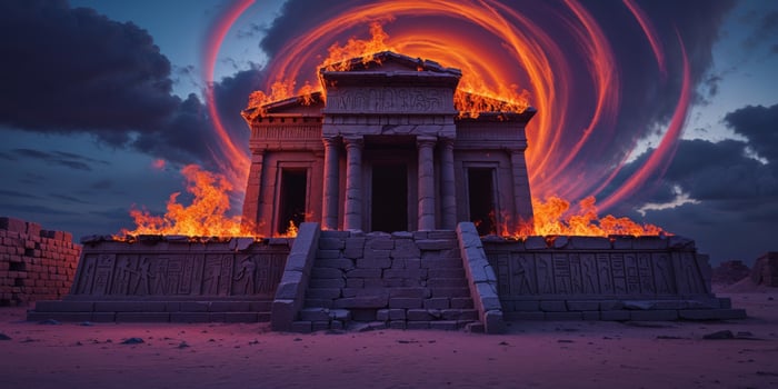Ancient temple engulfed in flames at twilight. photo