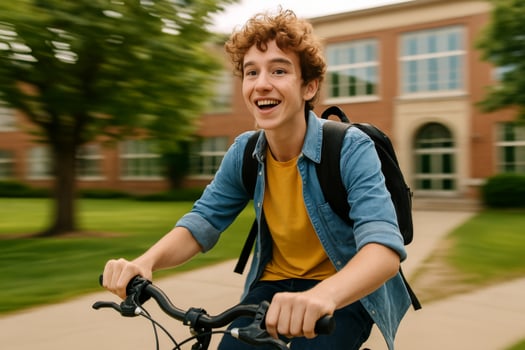 Young Boy Rides Bicycle Joyfully in Front of School Building During Sunny Day photo