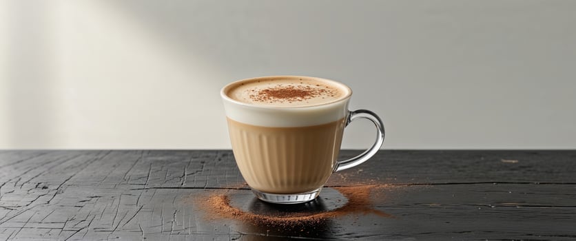 A beautifully presented latte drink sitting on a dark wooden table photo