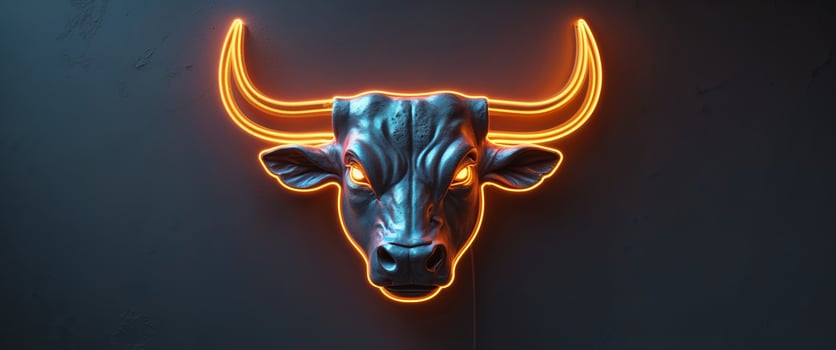 Glowing Neon Bull Head Silhouette - Orange Light Sign. photo