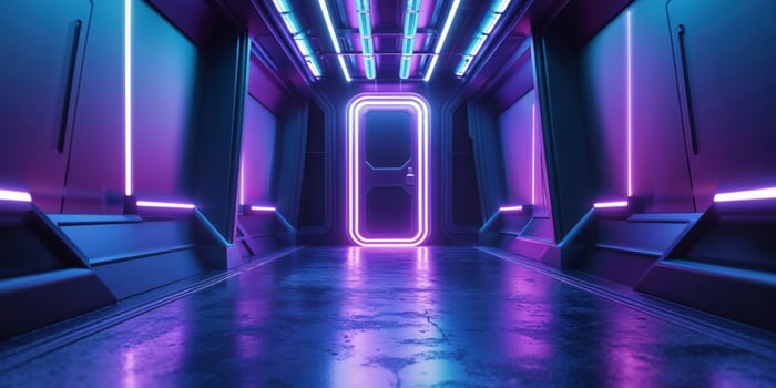 Neon Lights Illuminate A Futuristic Corridor Doorway. photo