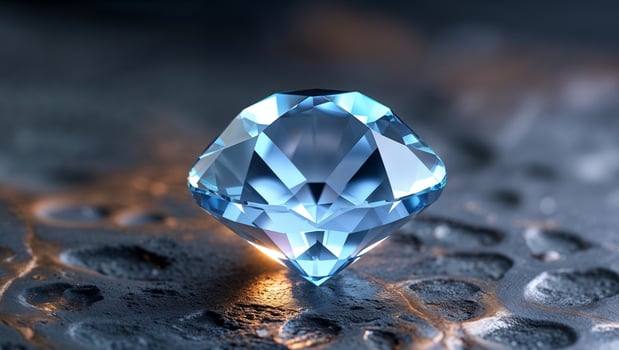 Captivating close up of a faceted light blue gemstone on textured dark surface showcasing its brilliance and clarity with a shallow depth of field photo