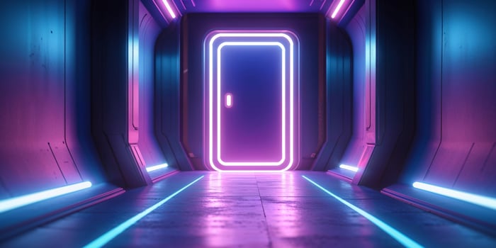 Neon Lights Illuminate A Futuristic Corridor Doorway photo