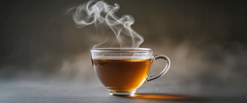 A glass cup of tea with steam rising from it photo