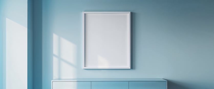 Mock up canvas picture wall artwork frame copy blank paste text Console table decoration blue color background. photo