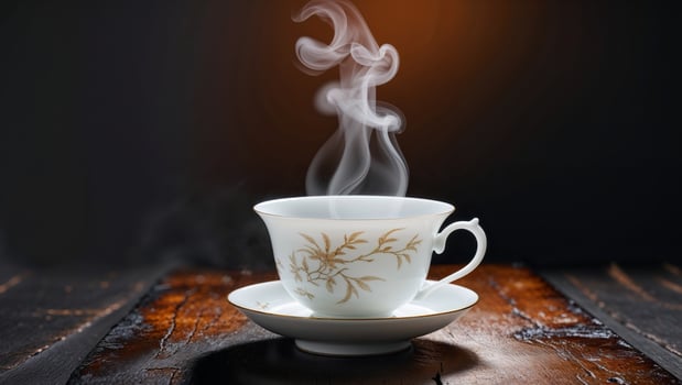 Steaming Tea Cup on Tabletop with Gentle Warm Light and Dark Backdrop photo