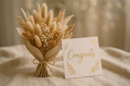 Beautiful Dried Flower Bouquet With a Congratulatory Card on a Soft Table Setting photo