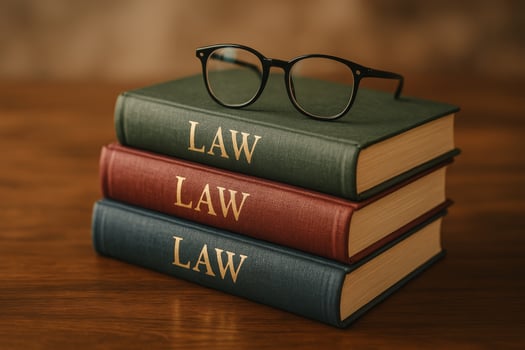 Books on Law Stacked With Glasses Resting on Top Against a Wooden Background photo