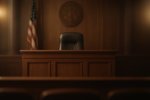 Courtroom Setting With Wooden Judges Bench and American Flag in Background photo