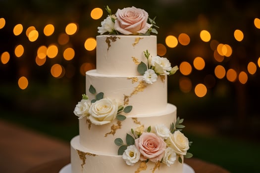 Elegant Floral Wedding Cake Adorned With Pink and White Roses at a Romantic Outdoor Setting photo