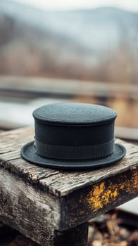 A black hat sitting on a wooden bench photo