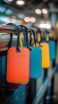 A row of luggage tags hanging on a metal rail photo