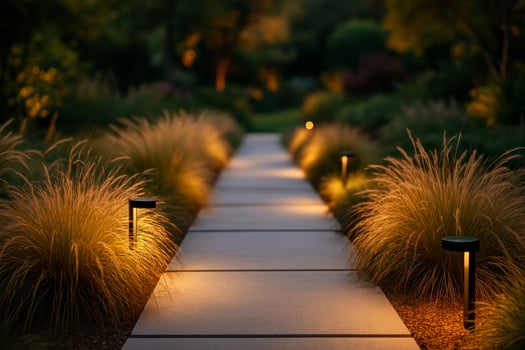A pathway with lights on it in the middle of a garden photo