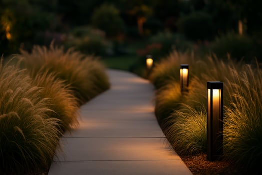 A pathway lit by lights in a garden photo