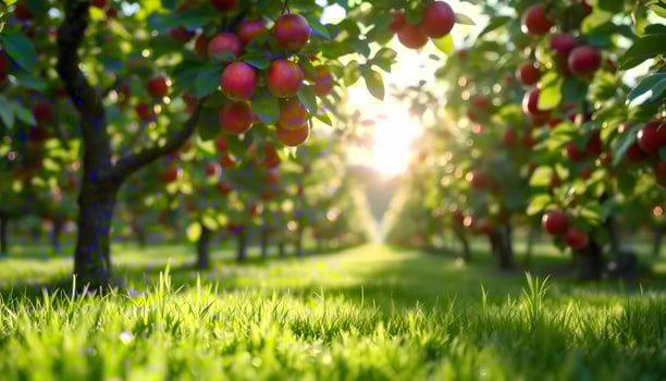 Apple orchard full of ripe apples under morning sun photo