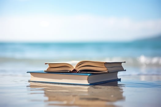 An open book sitting on the beach with the ocean in the background photo