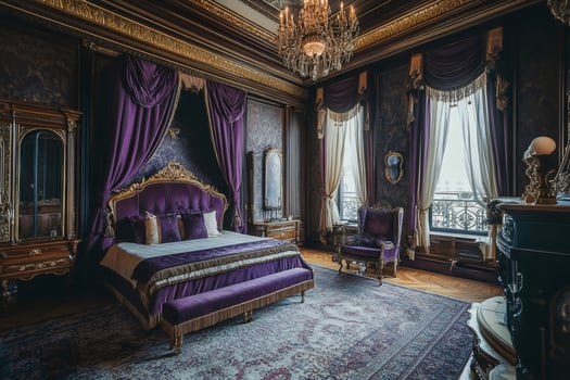 Luxurious purple and gold bedroom interior with ornate furniture photo