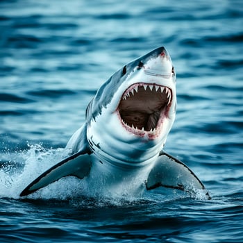 Great white shark breaching with open mouth in the ocean photo