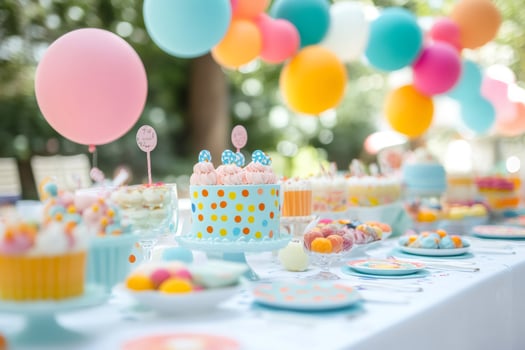 Delicious cake and desserts displayed on table at birthday party celebration outdoors photo