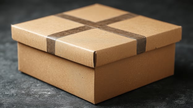 Brown cardboard box wrapped with tape ready for delivery on dark background photo