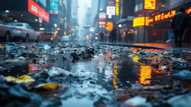 Rain-soaked street in a bustling city reflecting neon lights and litter during a rainy evening photo