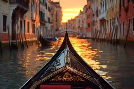 Gondola sailing through venice canal at sunset with golden light reflecting on water photo