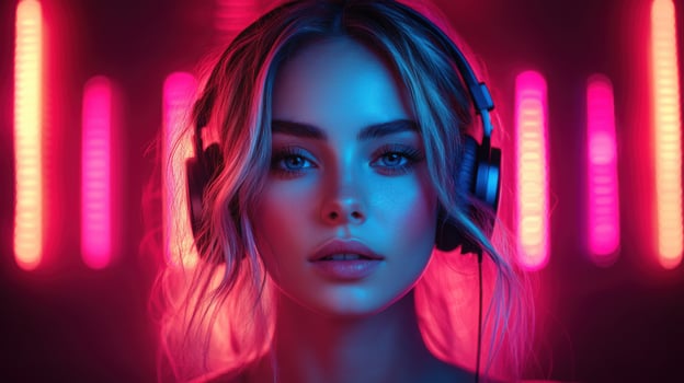 Young woman enjoying music with headphones in vibrant neon lighting at a party atmosphere photo