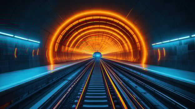 Railway tunnel illuminated by vibrant orange lights providing a dramatic perspective on train tracks at dusk photo