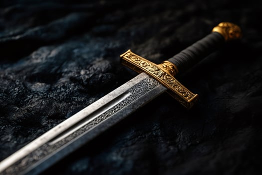 Medieval sword resting on dark stone surface with gold hilt photo