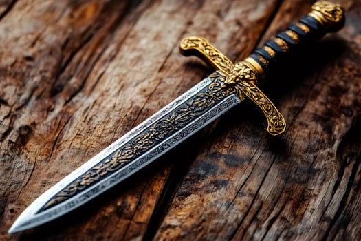 Ornate dagger resting on weathered wooden surface photo