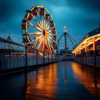 Ferris wheel shining at twilight in amusement park with wet wooden walkway photo