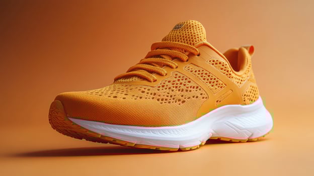 Bright orange running shoe displayed on a smooth gradient background, showcasing modern design and lightweight construction photo