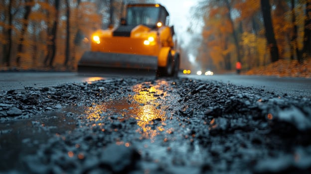 Road construction equipment operates on a wet surface during autumn in a forested area with vibrant foliage photo