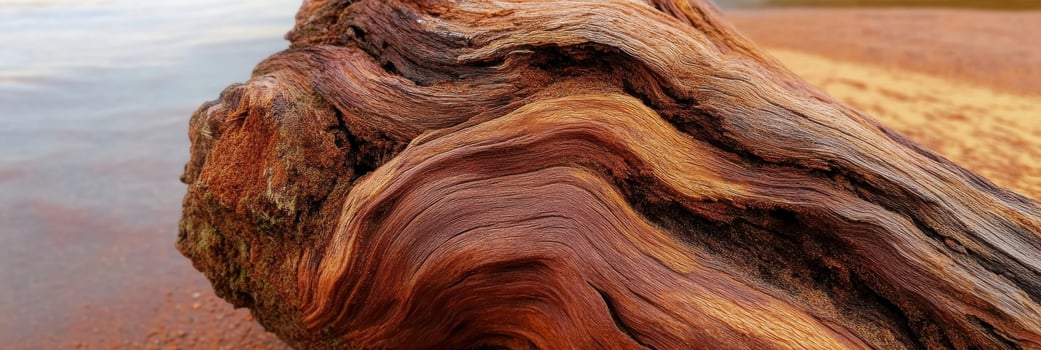 Close-up of weathered driftwood on a sandy beach by the water edge photo