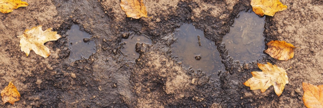 Autumn leaves and muddy puddles on a dirt path captured in early fall photo