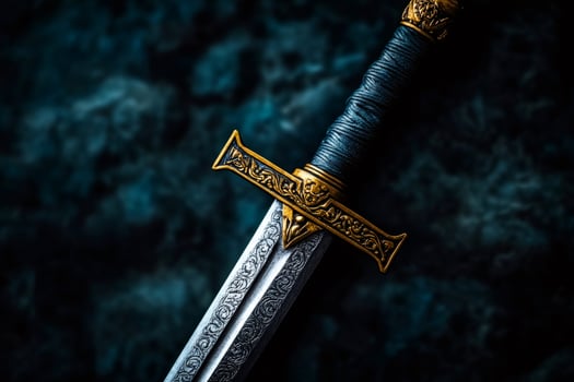 Medieval fantasy sword resting on dark stone background photo