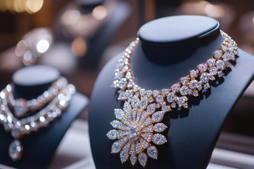 Diamond necklace sparkling on a mannequin in a jewelry store display photo