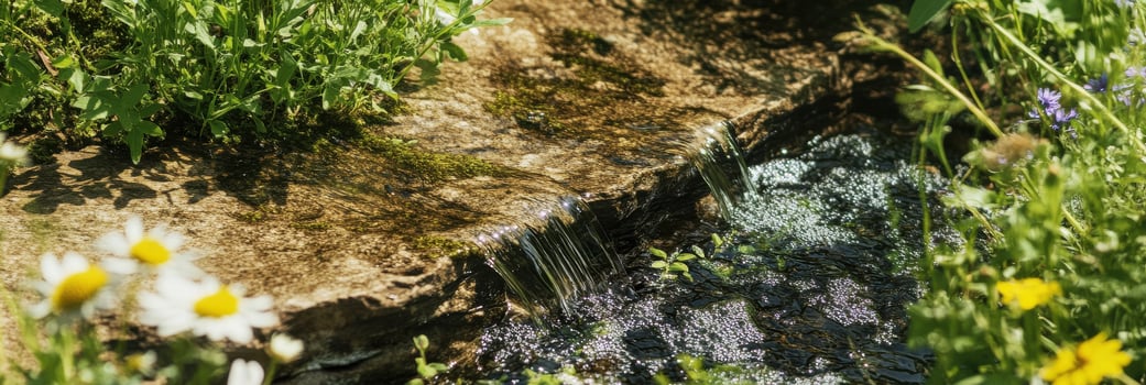 Tranquil spring water flowing over moss-covered rocks in a lush garden photo