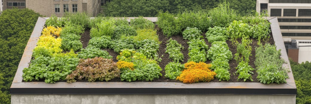 Lush urban rooftop garden with diverse vegetables and herbs thriving in the city photo