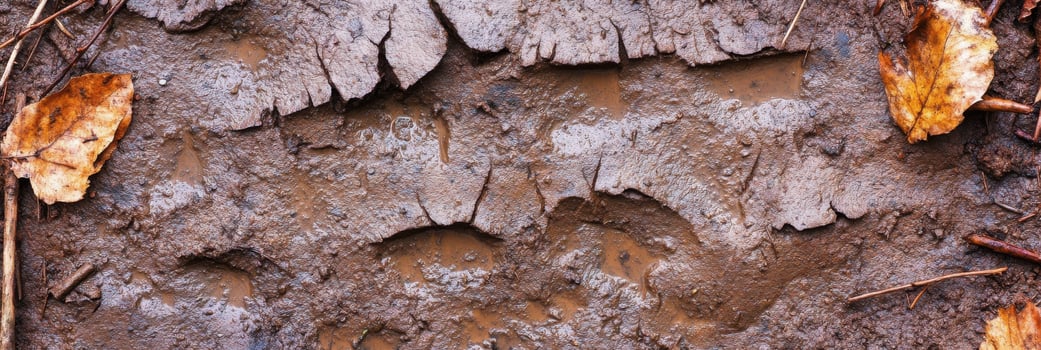 Animal footprints in wet mud with autumn leaves in forest pathway photo
