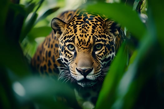 Jaguar hiding in the jungle foliage, watching its surroundings photo