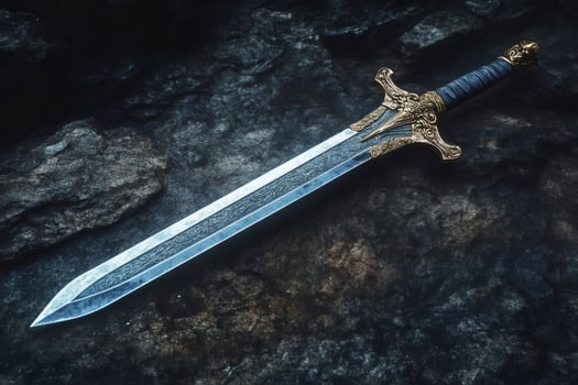 Medieval fantasy sword resting on dark stone surface photo