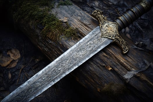 Medieval sword resting on mossy log in a forest setting photo