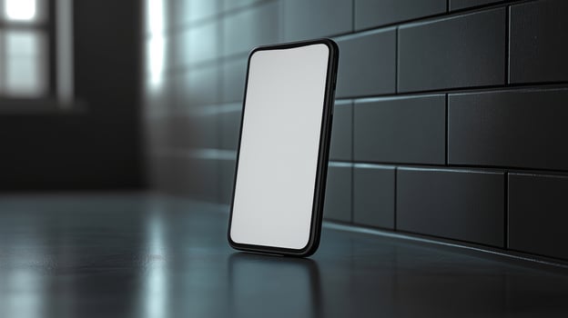 A sleek, modern smartphone with a blank screen leaning against a dark tiled wall, creating a minimalist and contemporary vibe. photo