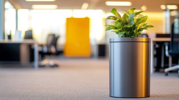 A plant in a metal container in an office photo