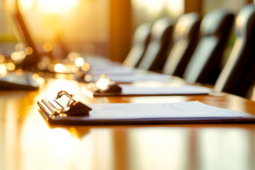 A conference table with a laptop and a pen on it photo