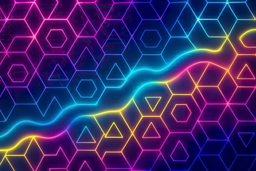 Vibrant neon geometric grid pulsating across dark digital background with glowing symmetry photo
