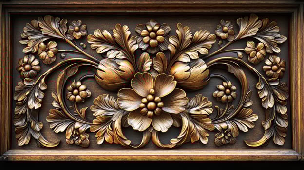 Ornate floral wood carving with intricate details, showcasing elegant craftsmanship and natural motifs in decorative panel photo