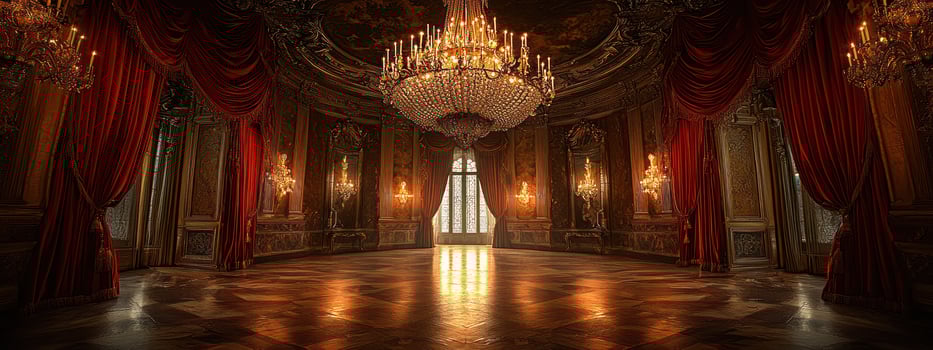 ornate ballroom with grand chandeliers, luxurious red curtains, and intricate wood flooring exudes elegance and opulence photo